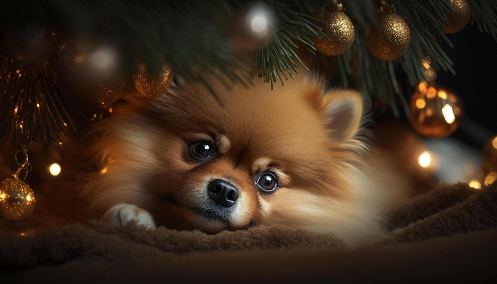 Adorable Pomeranian Dog Sitting Under a Christmas Tree photo