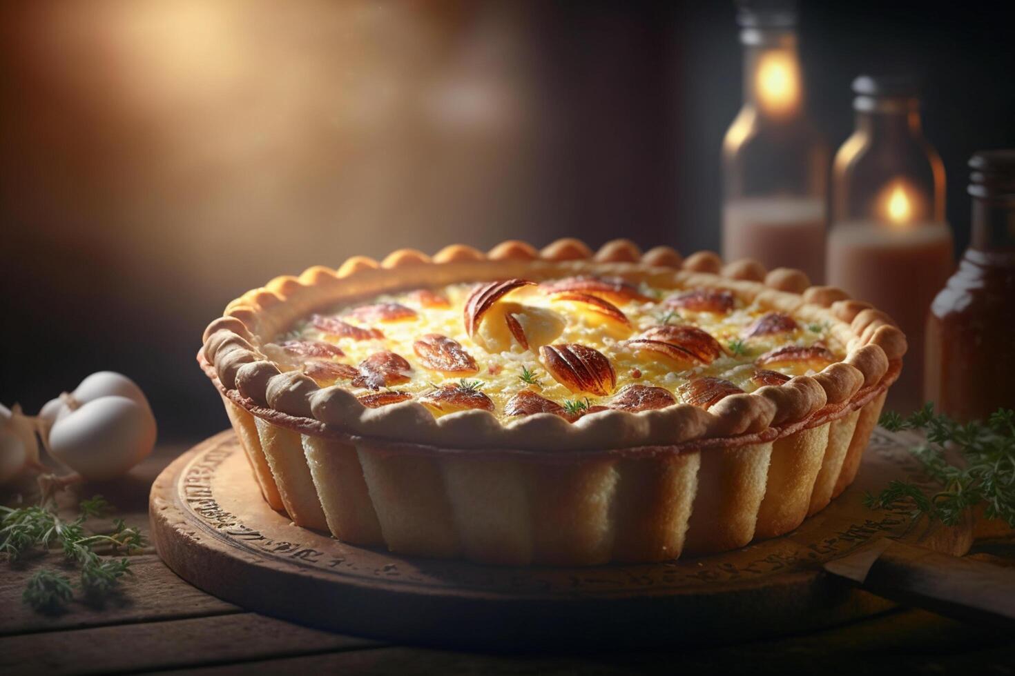 Savory and classic Quiche Lorraine with ham, eggs, and Gruyere cheese on a crispy crust photo