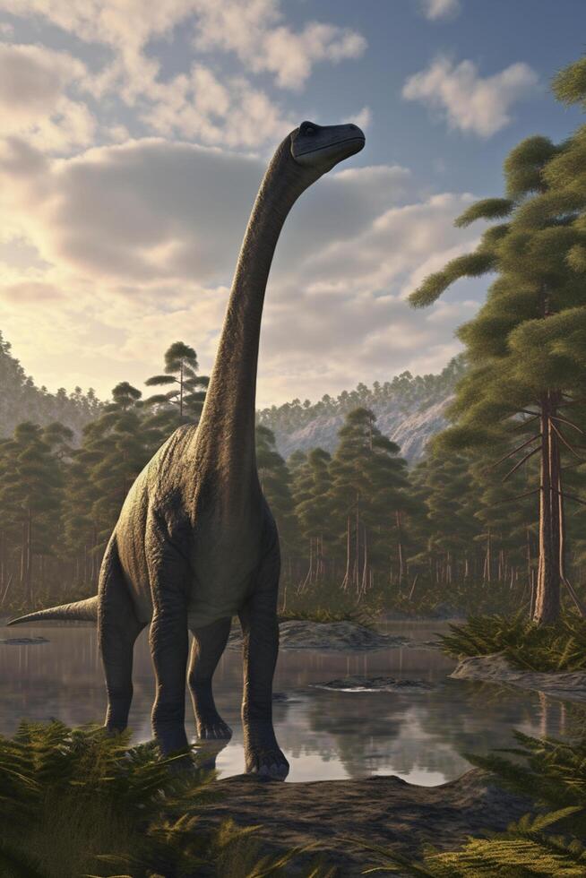 Graceful Giants Roaming the Prehistoric Realm Realistic Illustration Showcasing the Diplodocus in a Serene Prehistoric Landscape photo