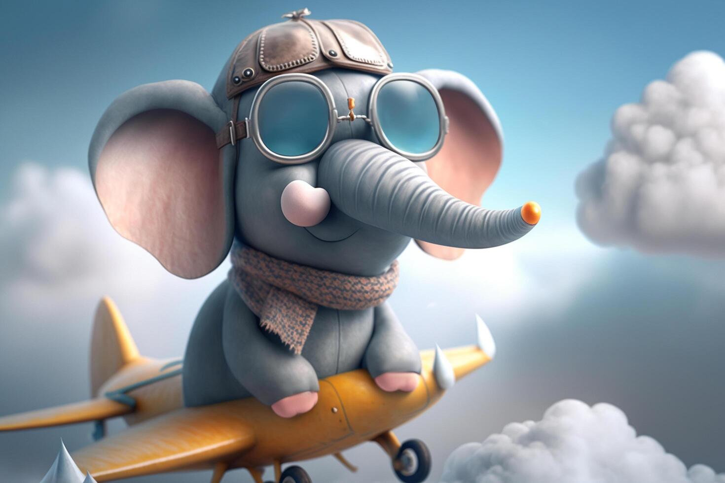 volador alto con el adorable pequeño elefante piloto encima el nubes ai generado foto