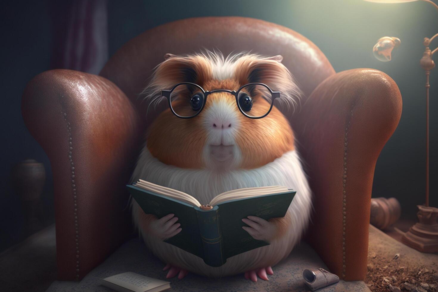 Cunning guinea pig sits in a leather armchair and reads a book photo