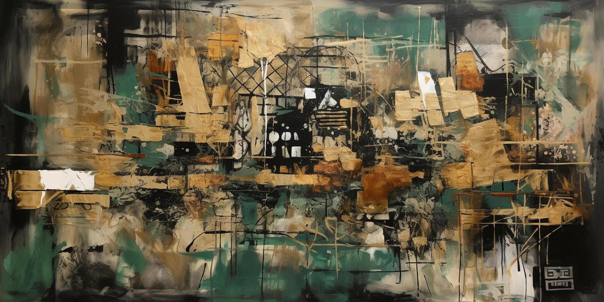Industrial Elegance A Captivating Fusion of Collages, Paint, and Green-Sepia Palette on a Grand Canvas photo