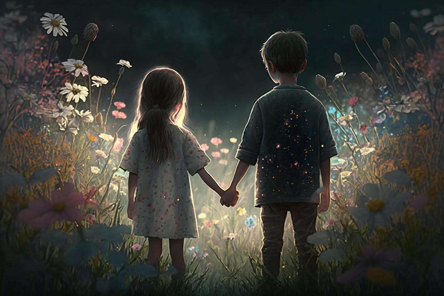 Illustration of a little boy and girl in a fantasy world holding hands from behind photo
