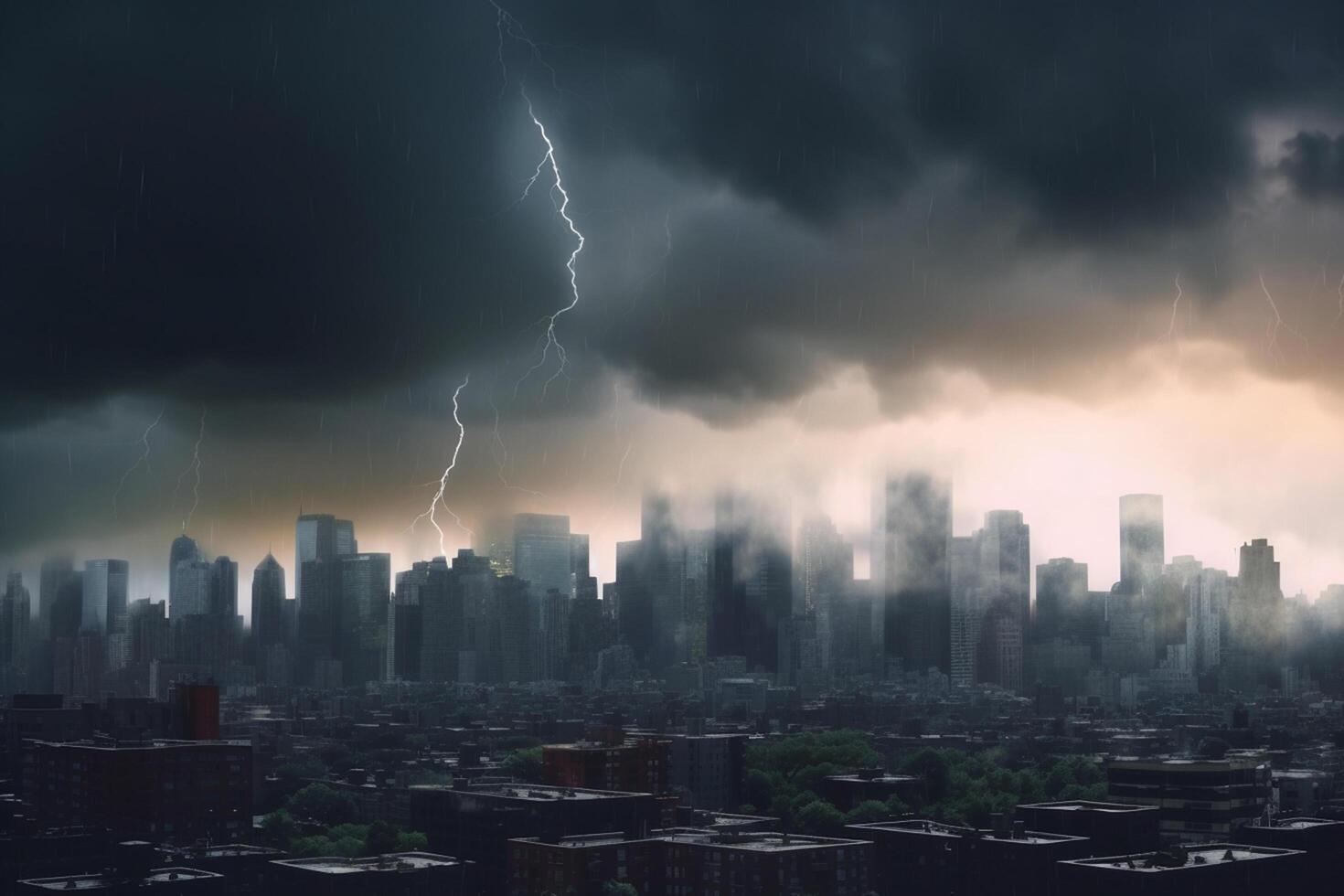 Financial Storm City Skyline during Bank Run with Thunder and Lightning photo
