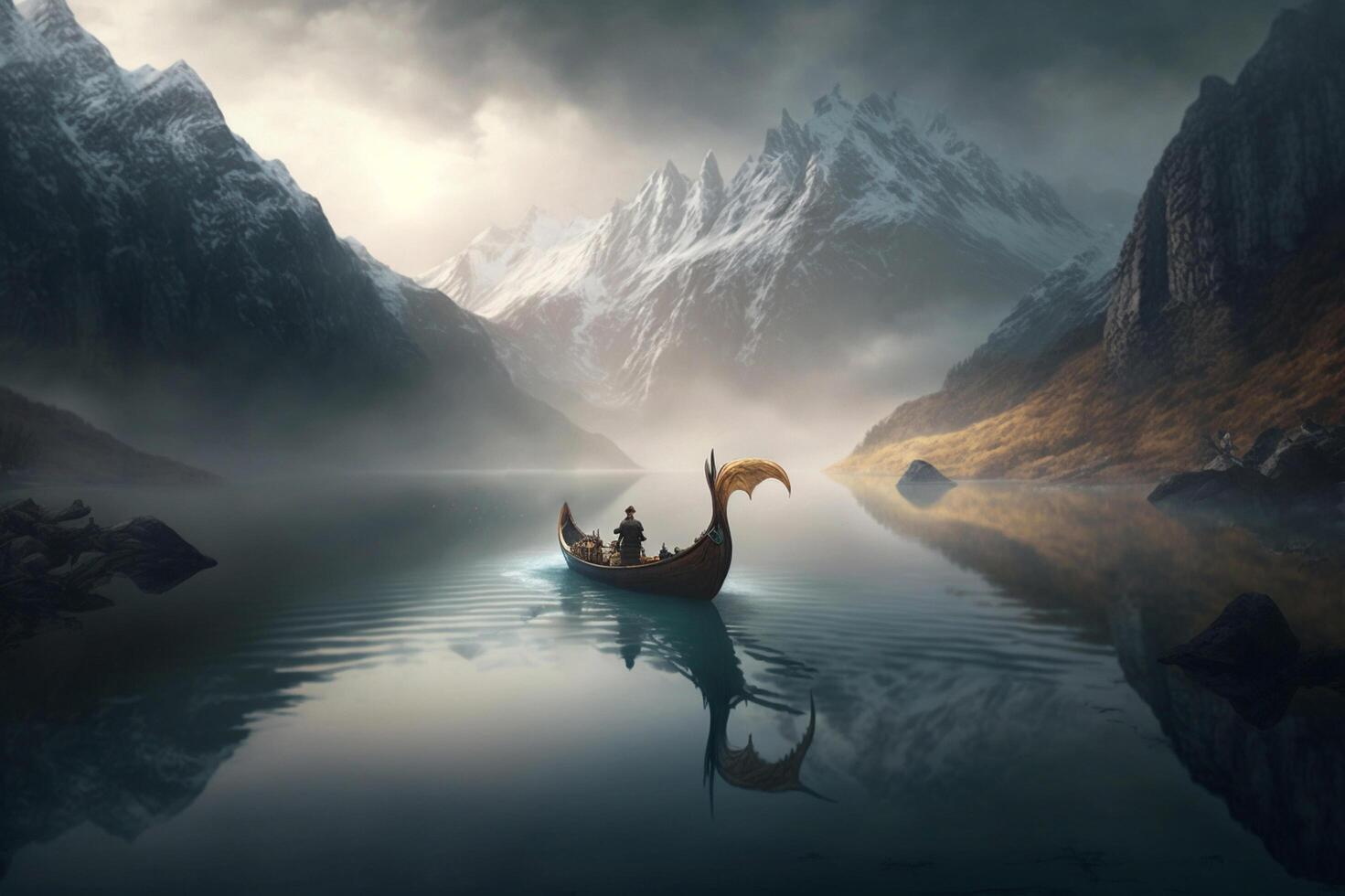 Dragon-Headed Chinese Boat on a Misty Lake with Enchanting Mountain Landscape and Mystical Ambience photo