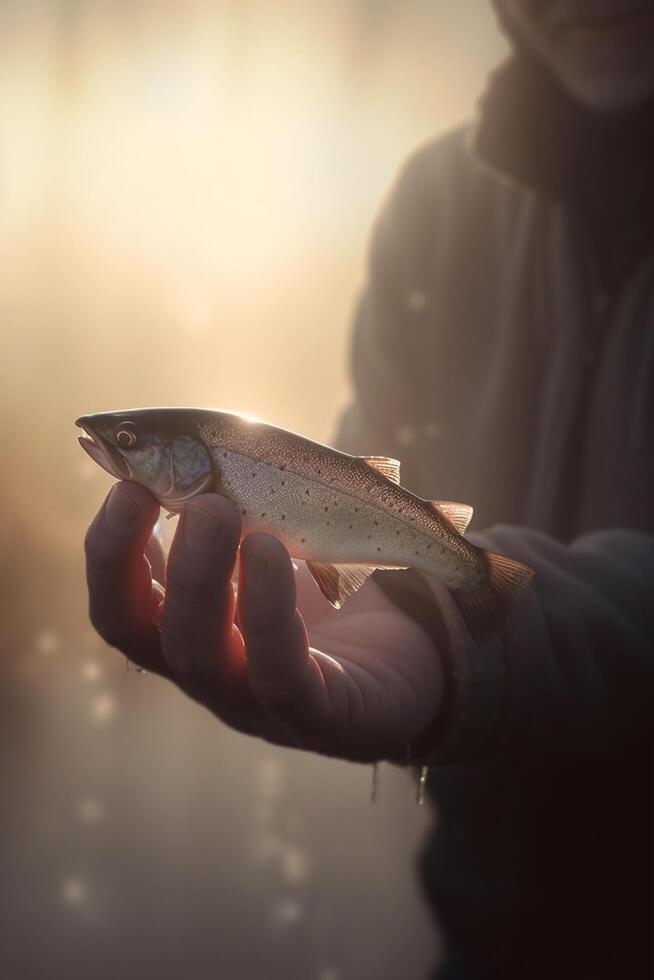 Morning Catch Proud Angler Holding Fresh Fish in the Misty Fog photo