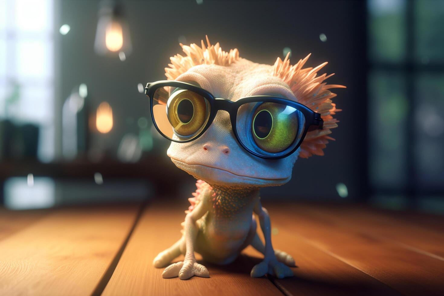 The Mad Scientist Chameleon A Funny Photorealistic Cartoon Character with Glasses and Messy Hair photo