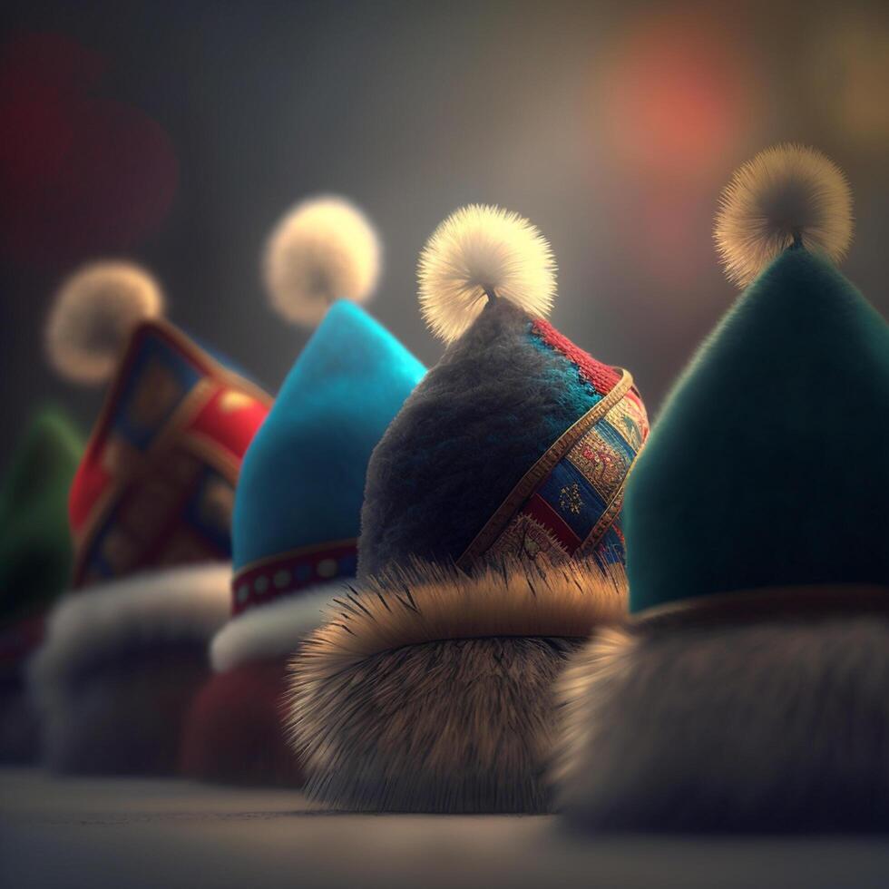 vibrante cosaco sombreros con piel recortar, tradicional ruso ropa ai generado foto