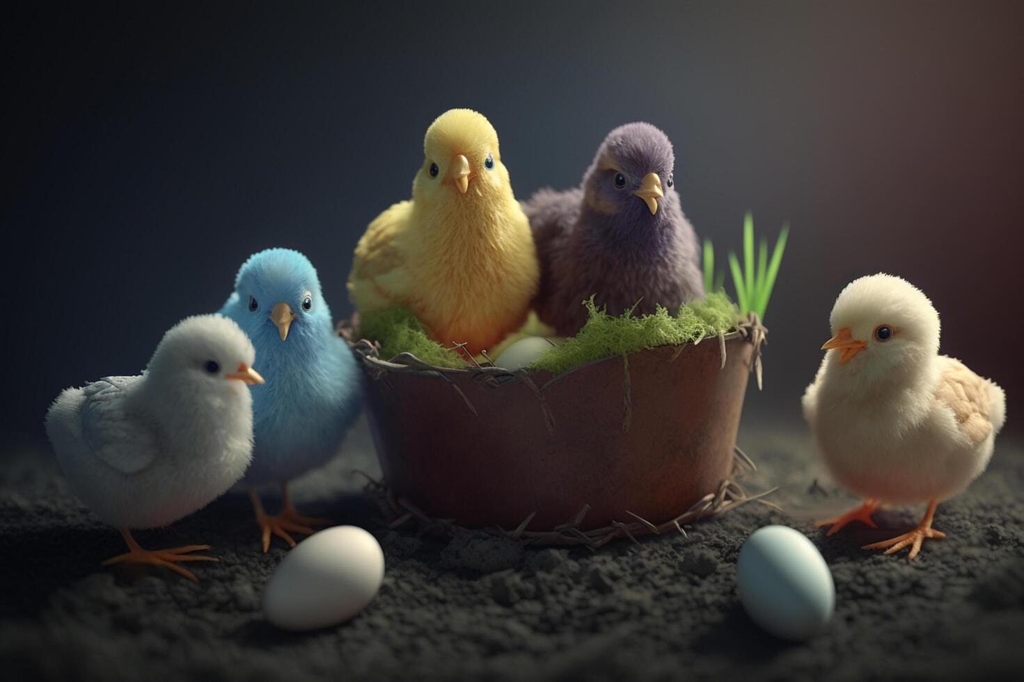Cute Easter Chicks Nesting with Colorful Easter Eggs photo