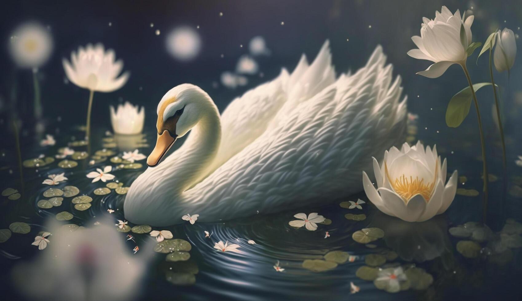 Graceful Swan in a Pond of Blooming Lotus Flowers photo