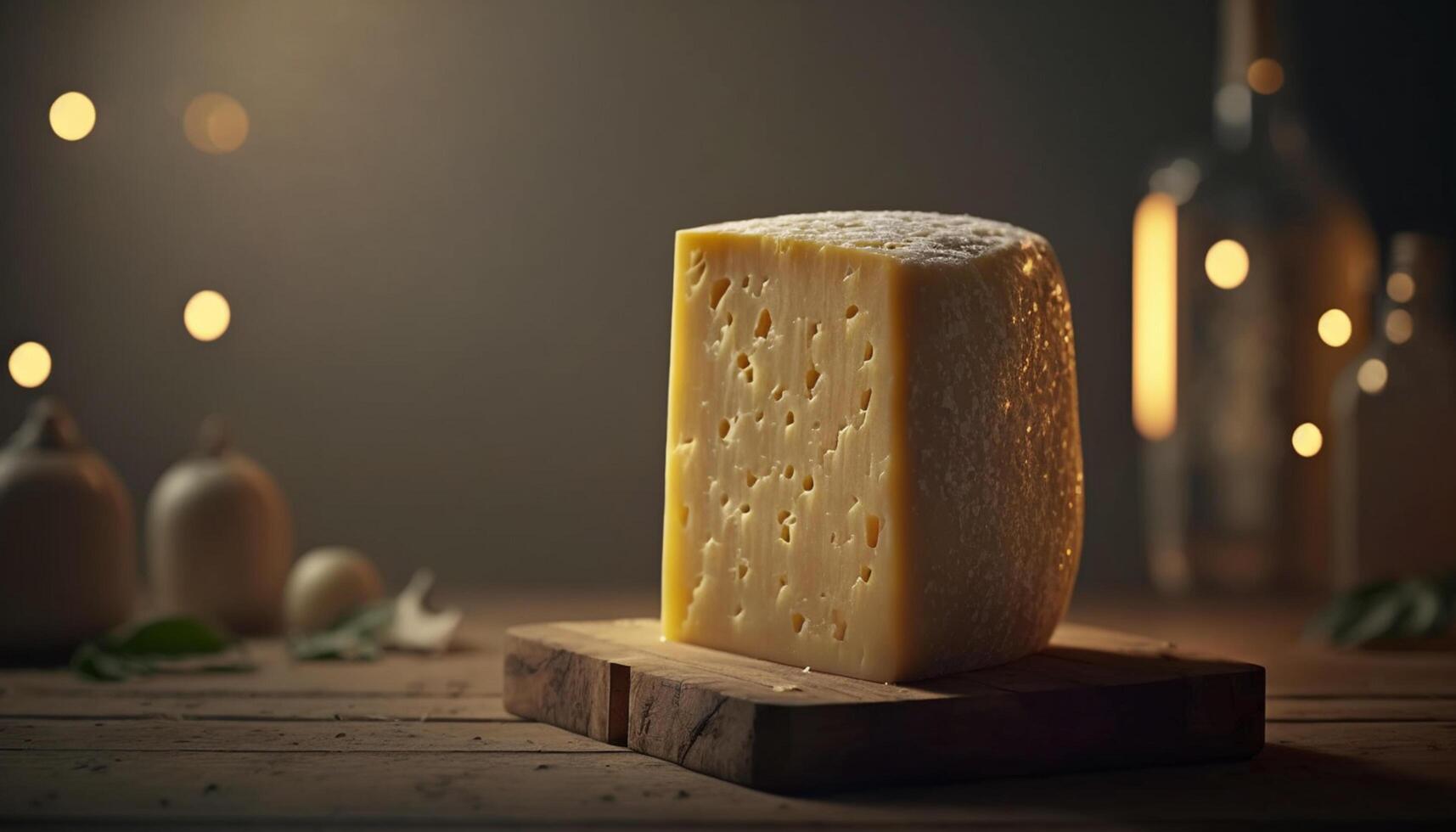 auténtico italiano parmesano queso en rústico de madera mesa ai generado foto