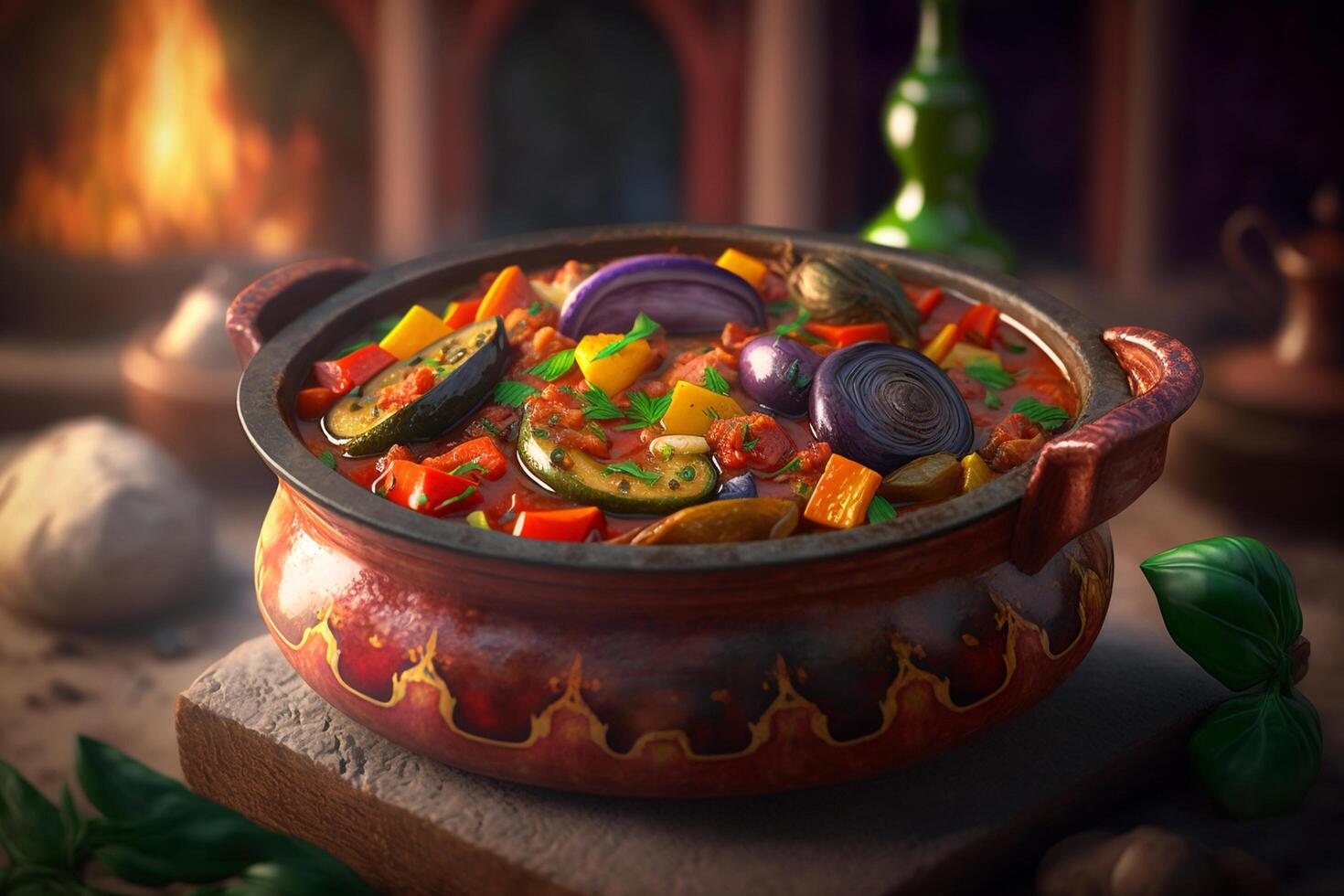 Earthenware Bowl Filled with Rustic Ratatouille photo
