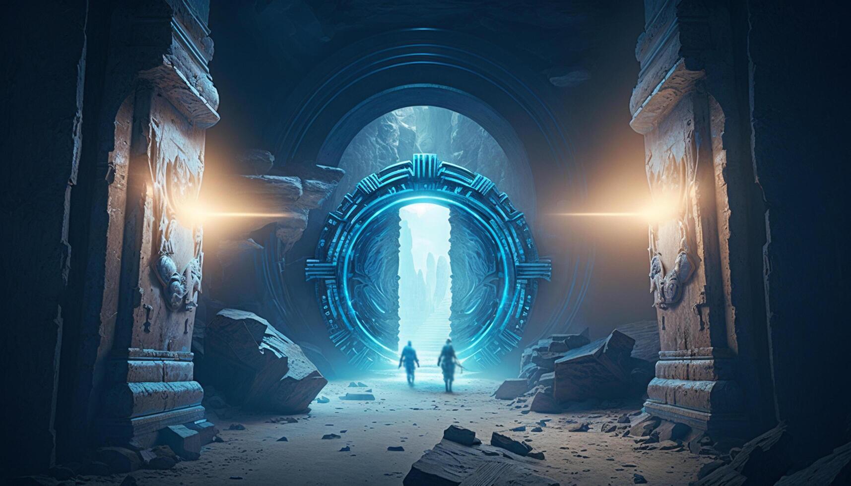 Juxtaposition of Time Ancient Ruins Meet Futuristic Time-Travel Portal photo