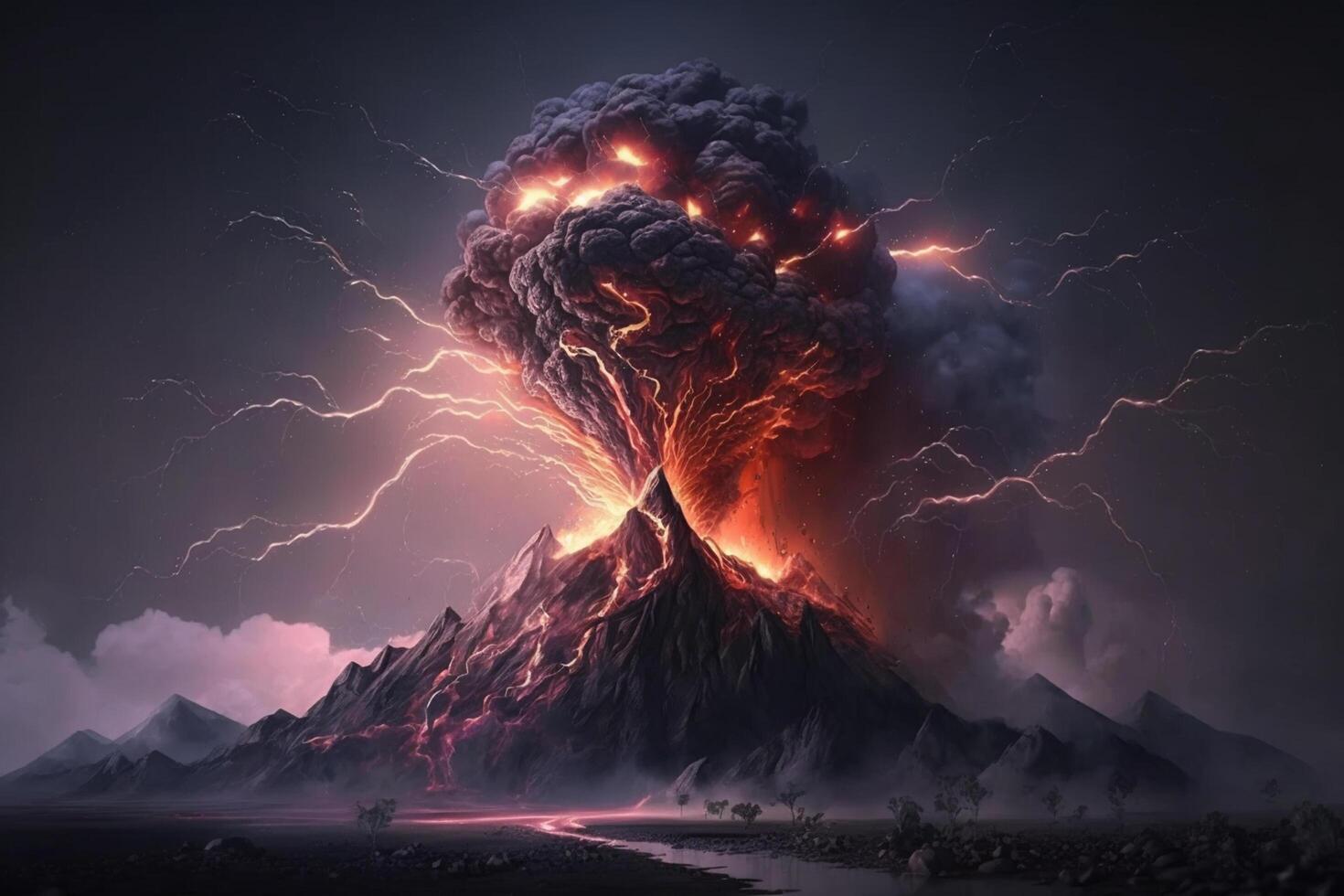 Illustration mountain with volcanic eruption clouds storm lightning photo