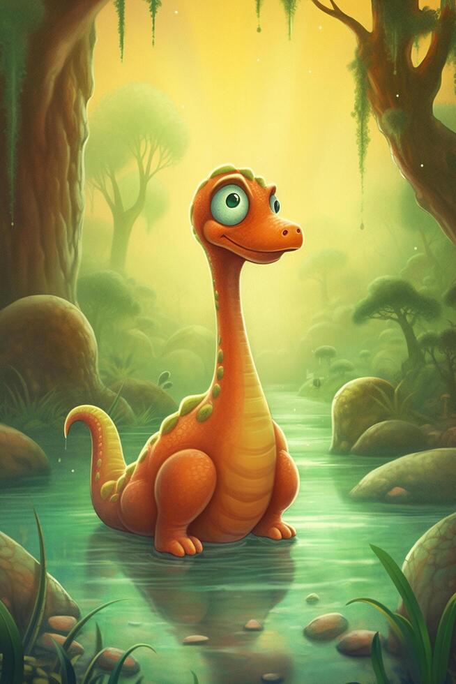 Whimsical and Colorful Digital Comic Art Hilarious Diplodocus Dinosaur in a Playful Adventure photo