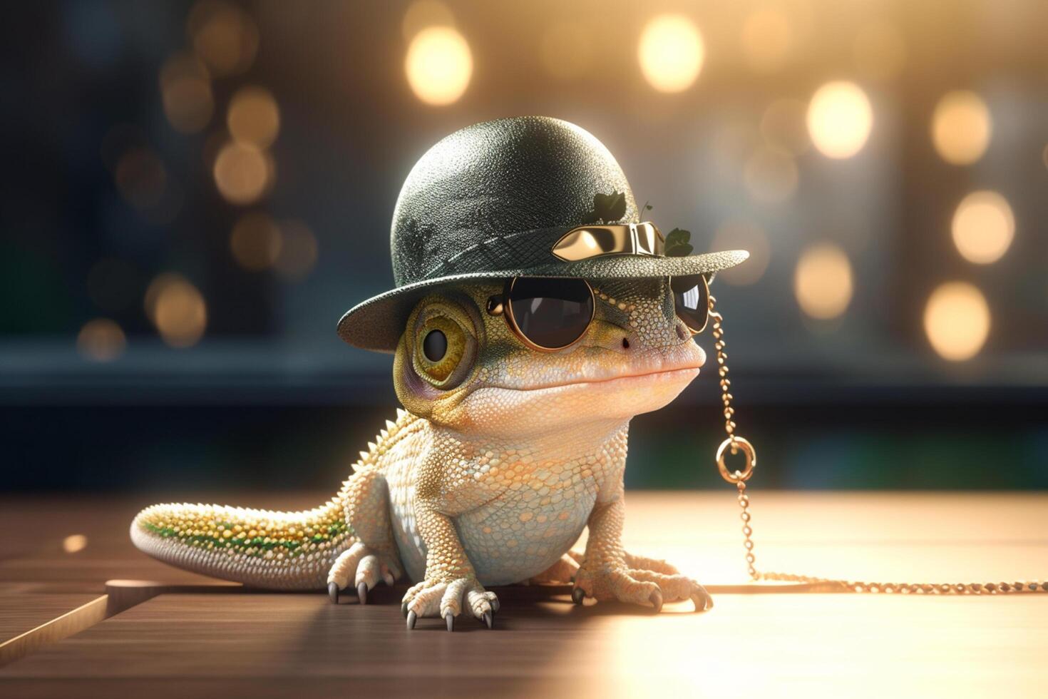 The Gangsta Chameleon With a Cap and Gold Chains photo