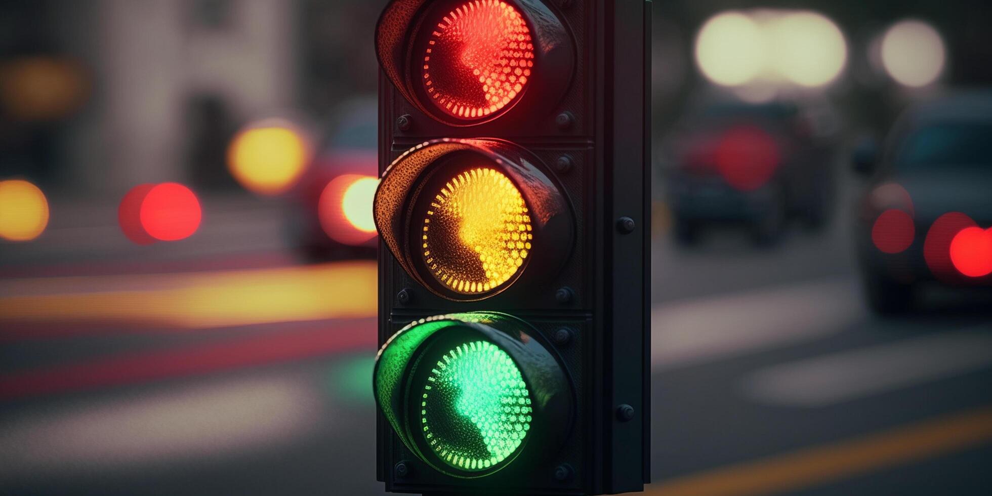 Dynamic Traffic Light with Blurred Urban Landscape Background photo