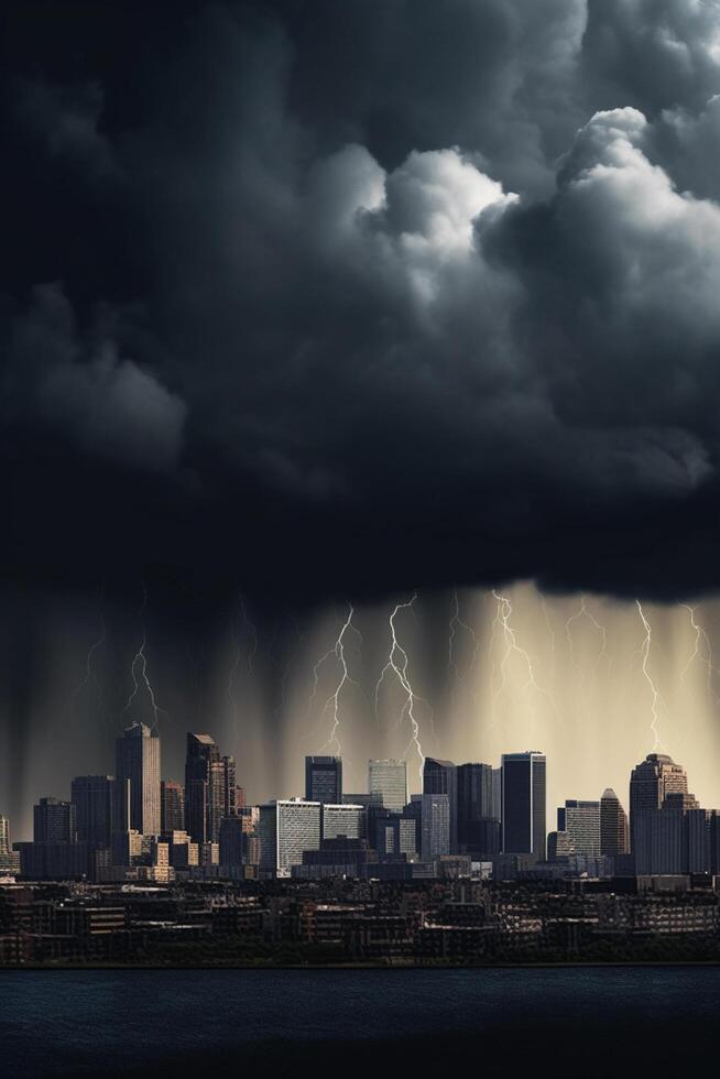 Financial Storm City Skyline during Bank Run with Thunder and Lightning photo