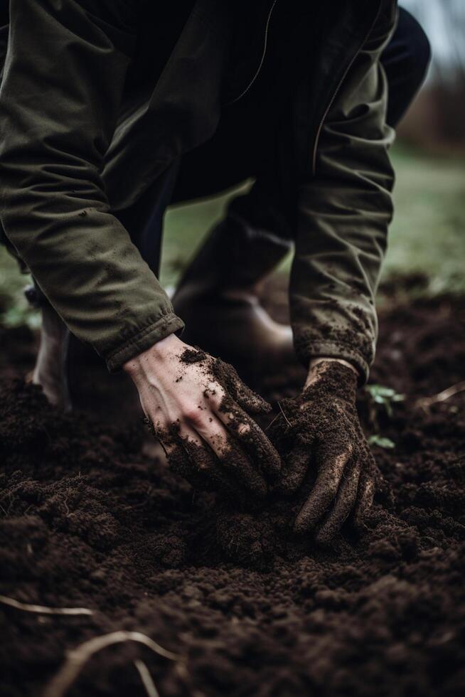 Farming Roots A Farmer Digging in the Soil with his Hands photo