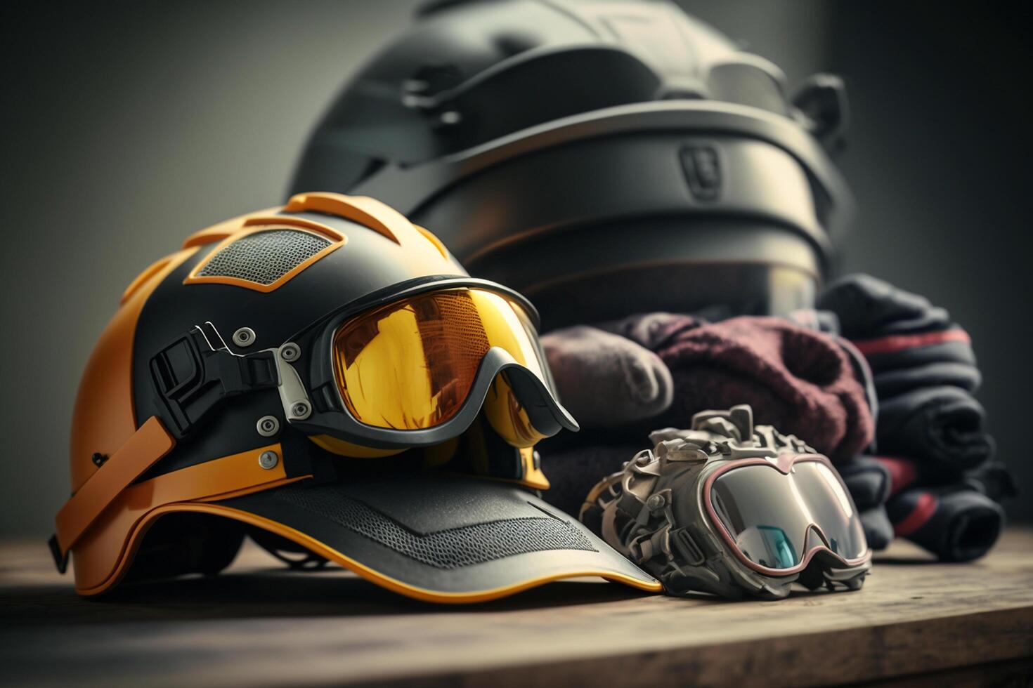 Protective Gear on Table Helmet, Goggles, and Gloves photo