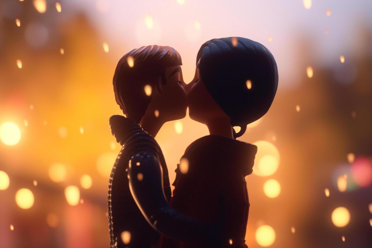 A Romantic Night Out Photorealistic Cartoon Couple Embracing and Kissing Under Festive Lights photo