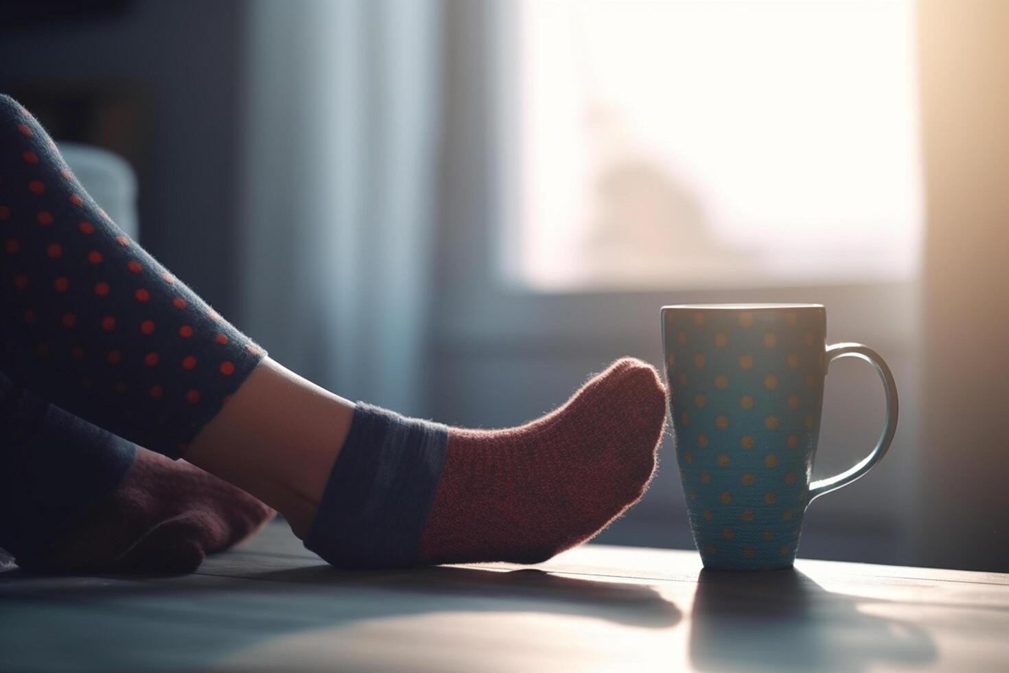 Cozy feet by the fire Woman's feet in warm socks with cup of tea photo