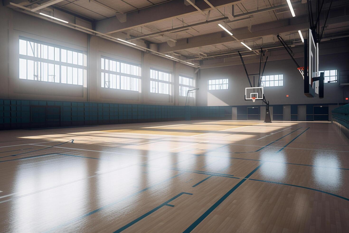 vacío, iluminado por el sol gimnasio en un alto colegio dónde recuerdos fueron hecho ai generado foto