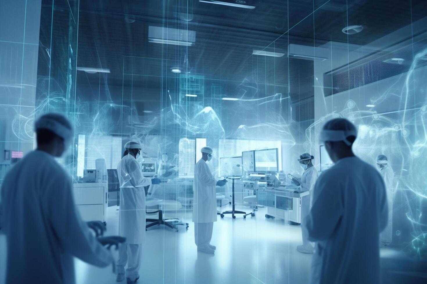 médico equipo con quirúrgico mascaras trabajando en un alta tecnología laboratorio ai generado foto