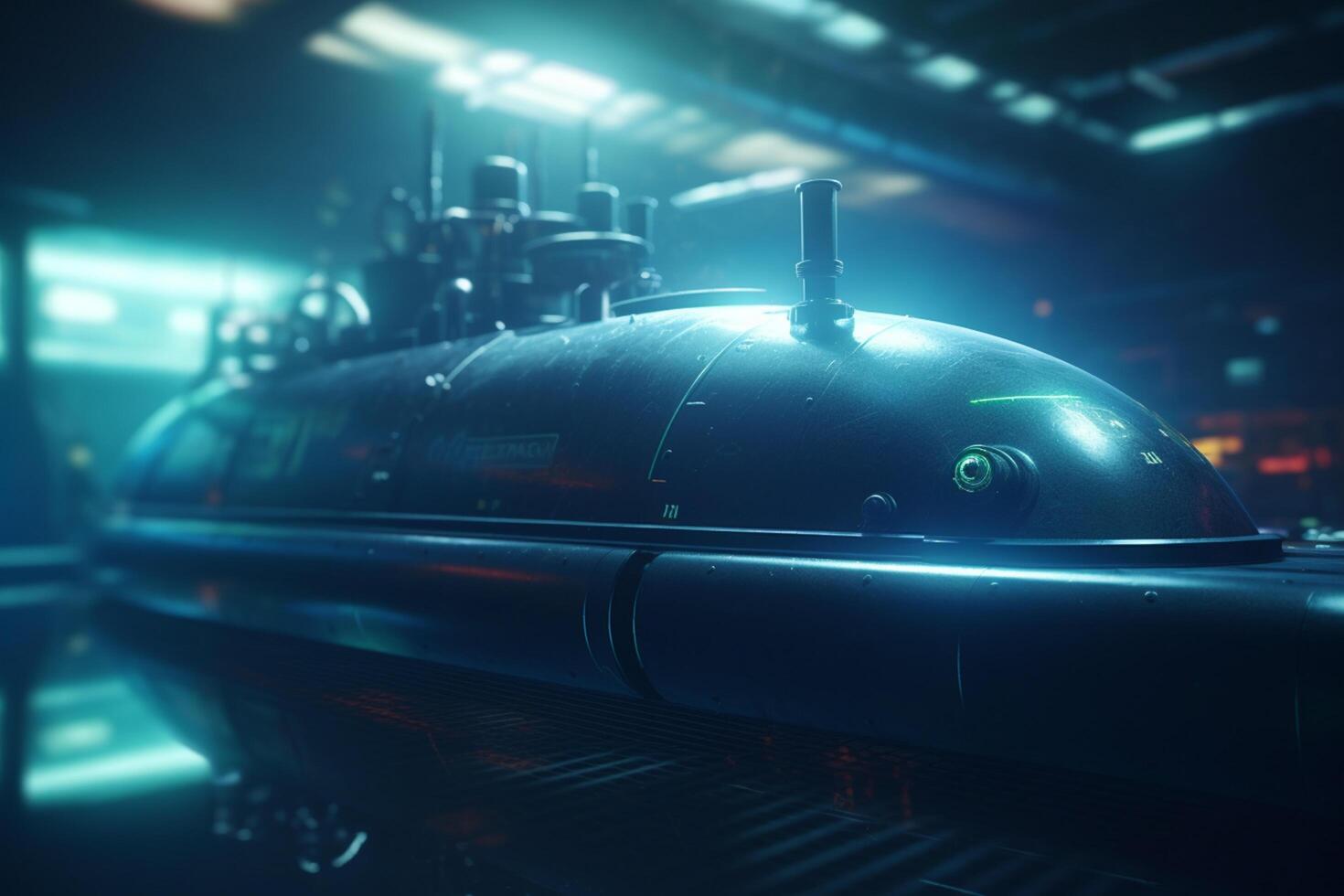 Futuristic Submarine in Underwater Hangar with Blue Light Effects photo