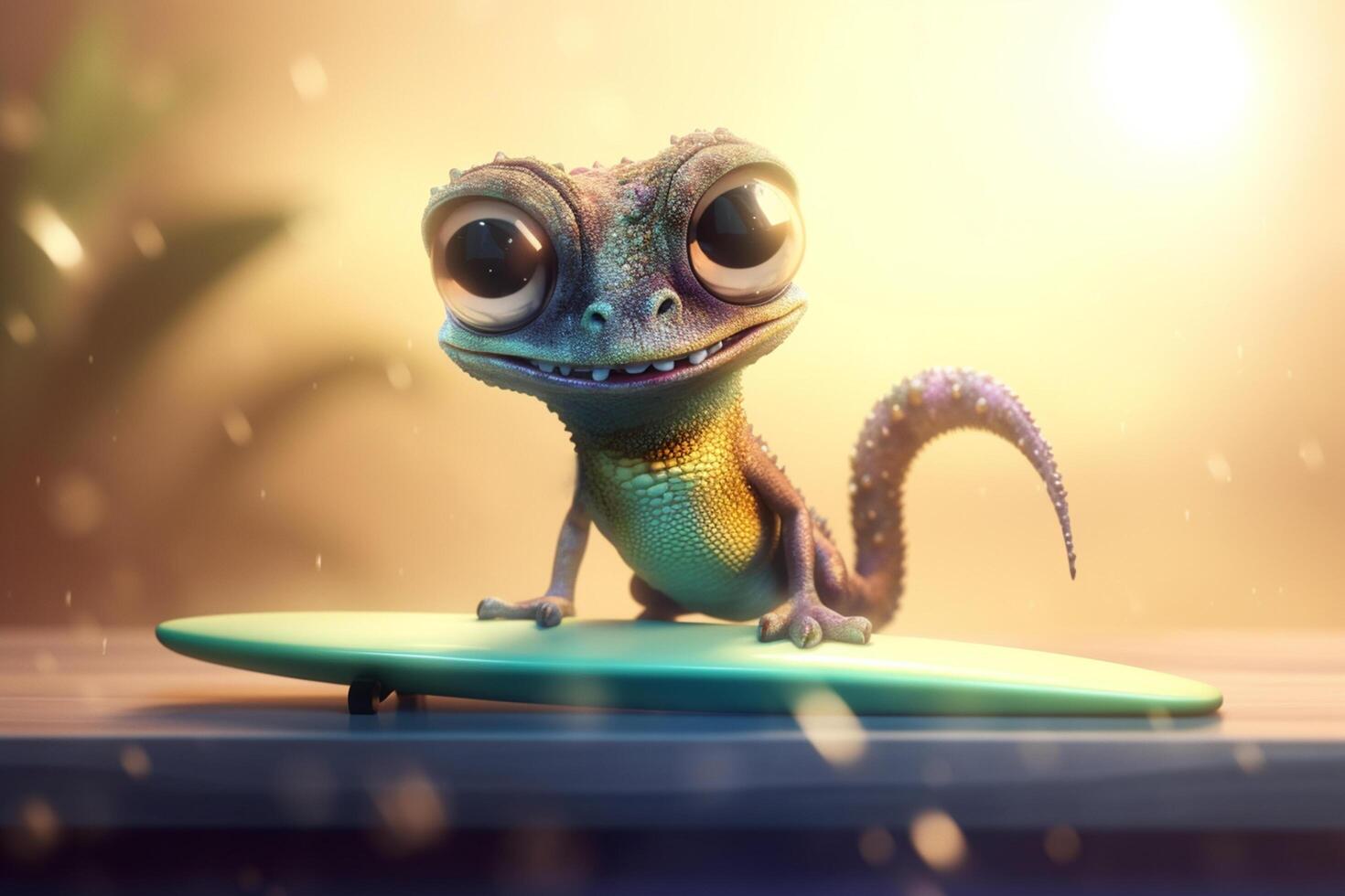 Chameleon Riding the Waves Cool Photorealistic Cartoon Lizard on a Surfboard at the Beach photo