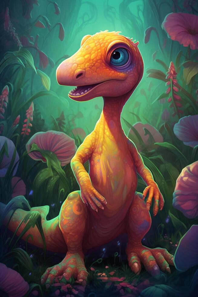 Hilarious and Colorful Digital Comic Art Playful Deinonychus Dinosaur in Action-Packed Adventure photo