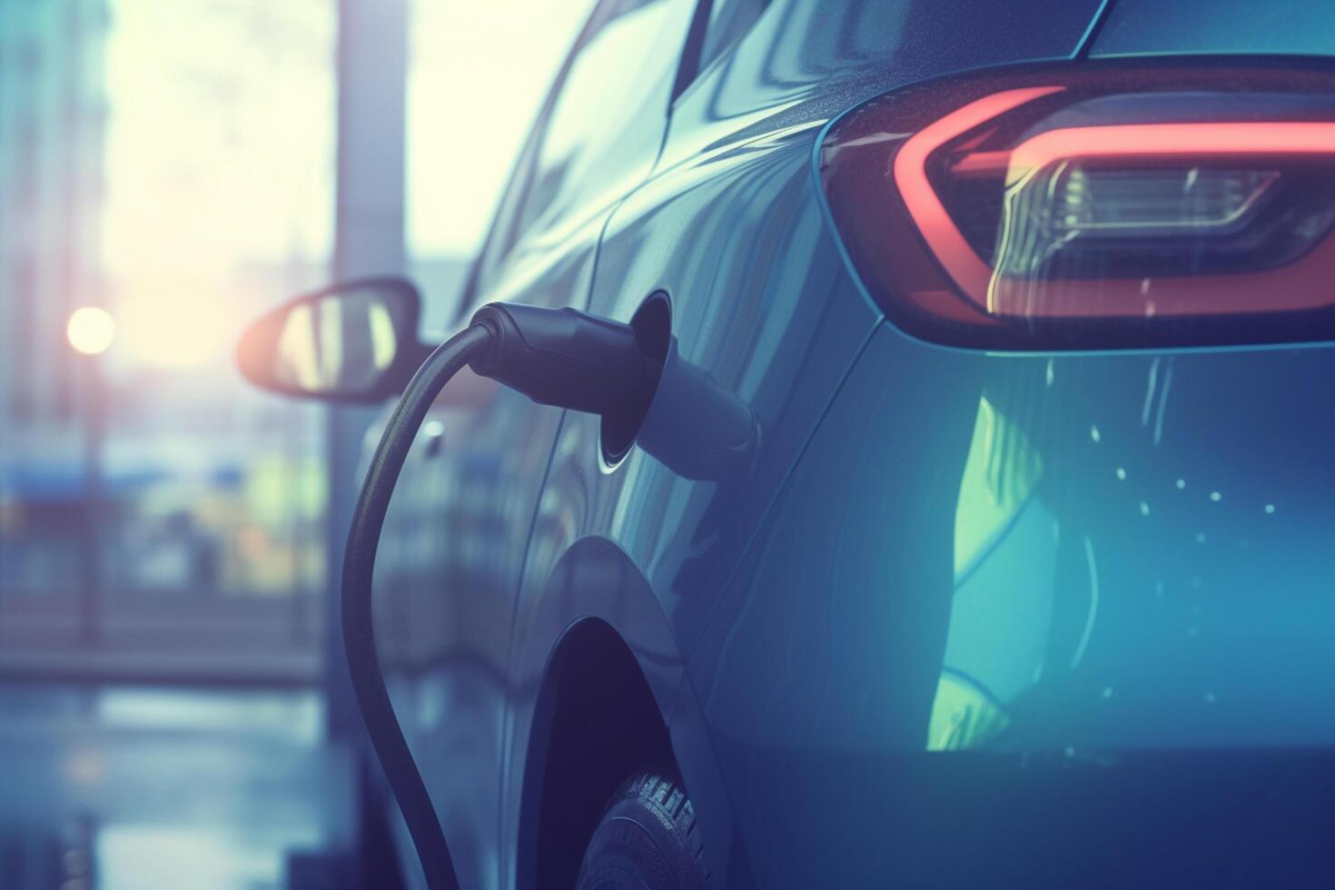 eléctrico coche cargando a estación con cargando cable ai generado foto