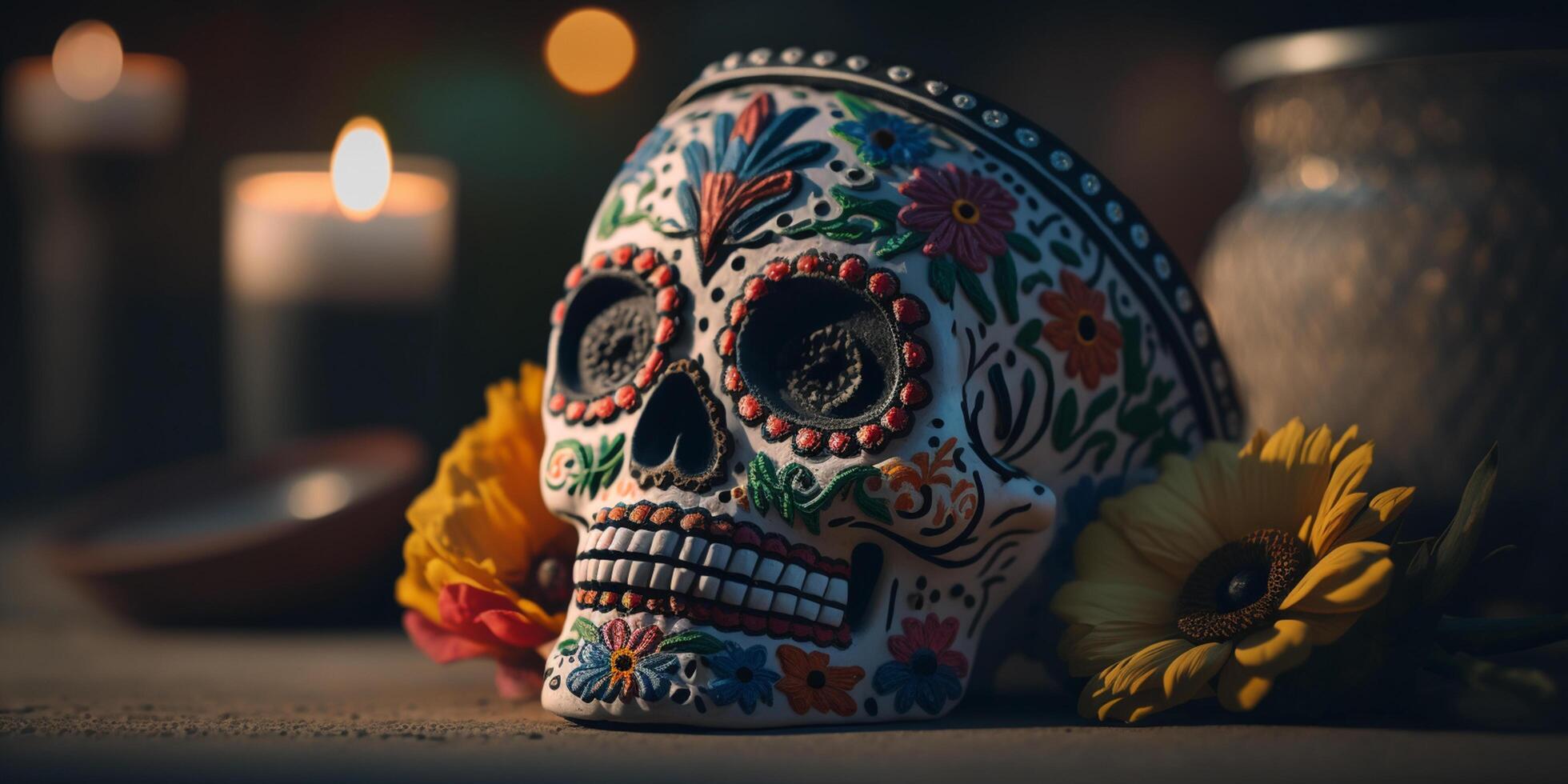 Colorful Decorated Skull Celebrating Mexican Day of the Dead Festival photo