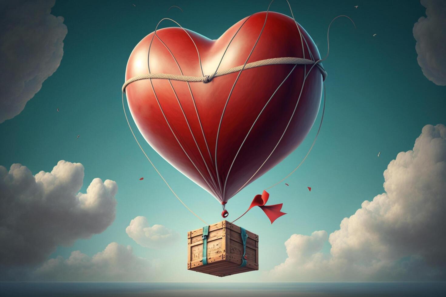 Beautiful red air balloon heart shape against blue sky. Romantic trip on Valentine's Day. Illustration photo