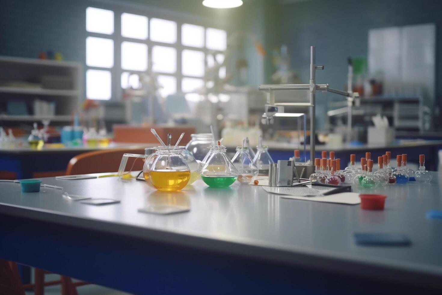 Illuminated High School Chemistry Laboratory with Students Conducting Experiments photo