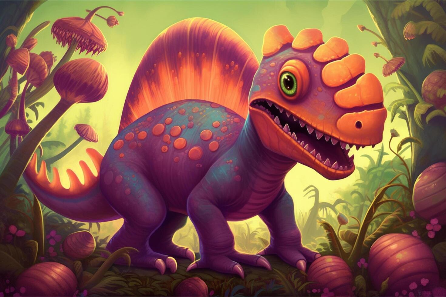 Whimsical and Colorful Comic Art The Playful Adventures of Spinosaurus in a Vibrant World photo
