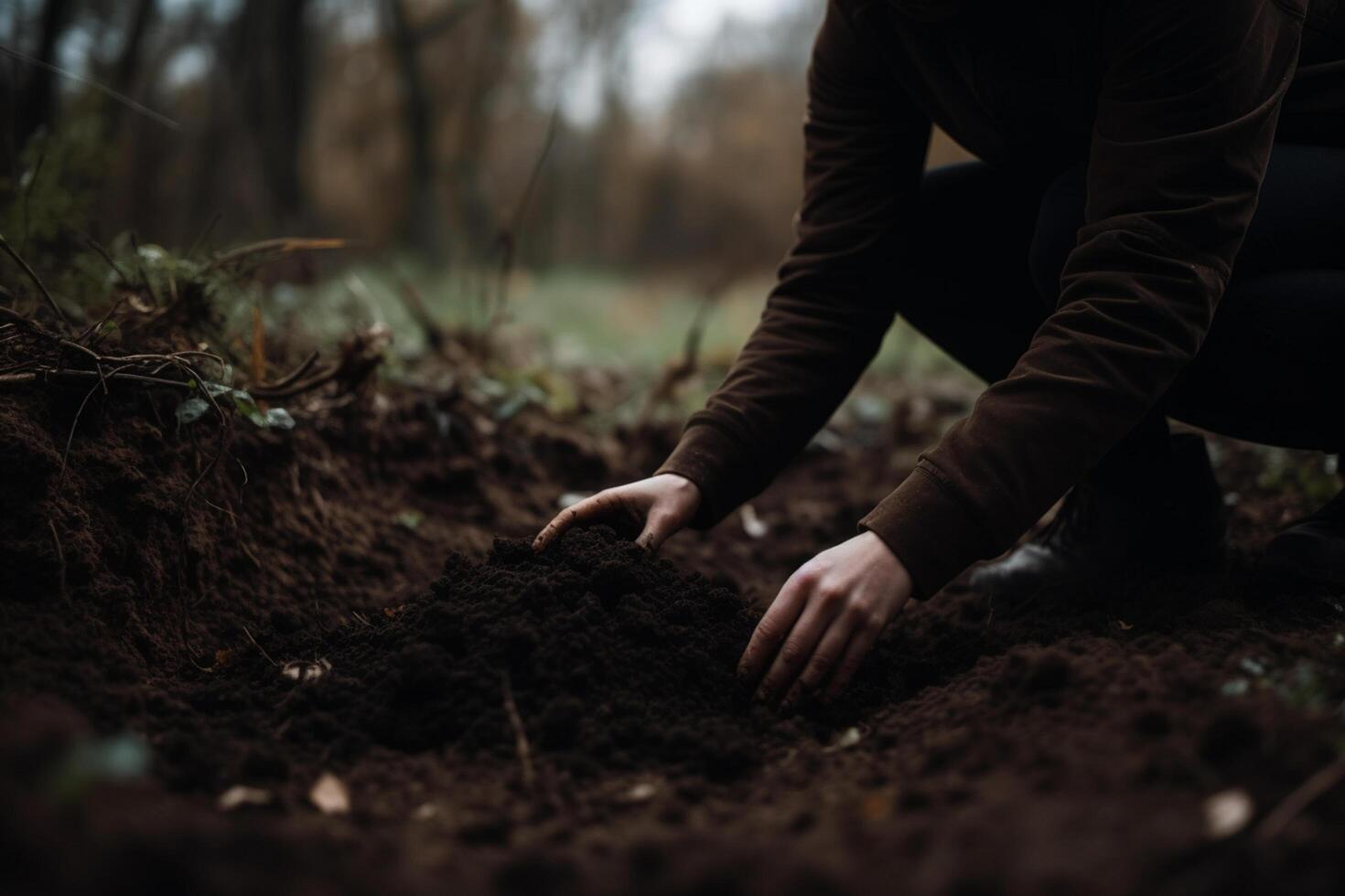 agricultura raíces un granjero excavación en el suelo con su manos ai generado foto