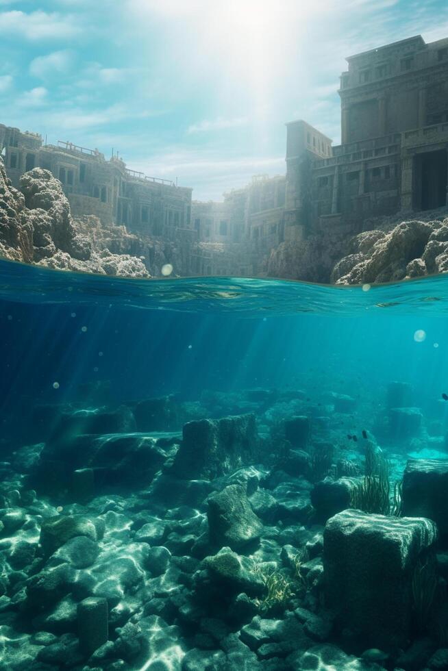 el místico hundido ciudad un medio sumergido ver de Atlantis en cristal azul aguas ai generado foto