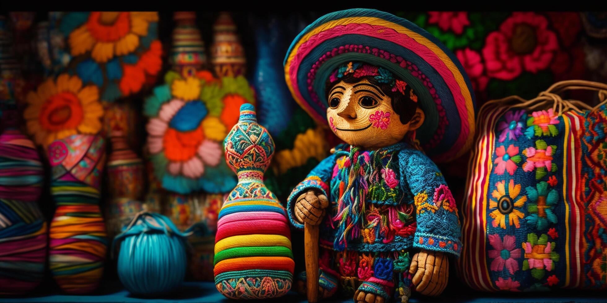 vibrante mexicano Arte vistoso patrones, ropa, cifras, y artesanía ai generado foto