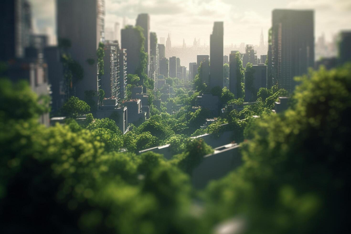 Green metropolis of the future High-tech city with lush vegetation and clear skies photo