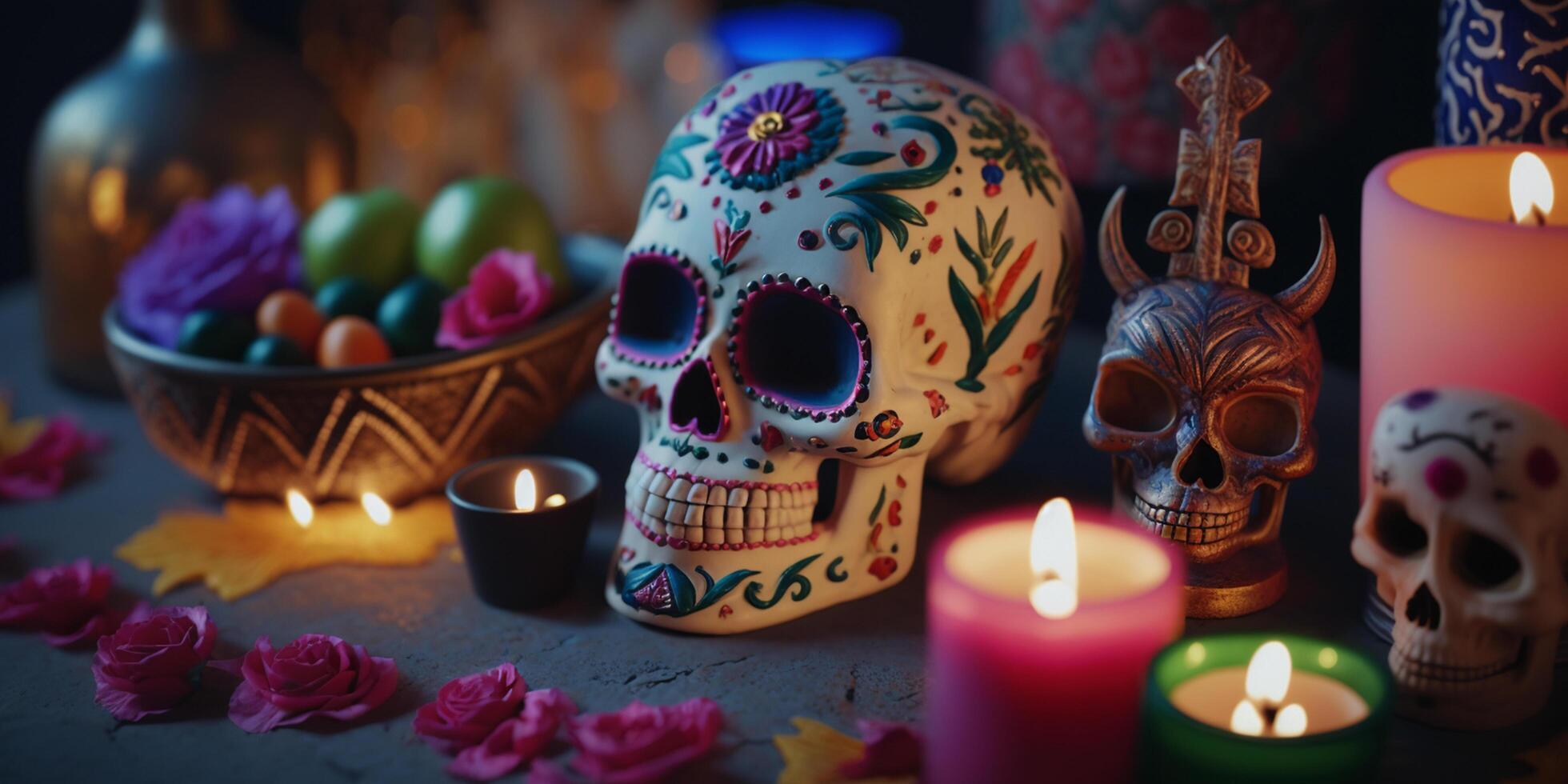 Vibrant Colorful Still Life of Decorated Skulls with Pumpkins, Candles and Traditional Mexican Decor Celebrating Day of the Dead - Dia de Muertos photo