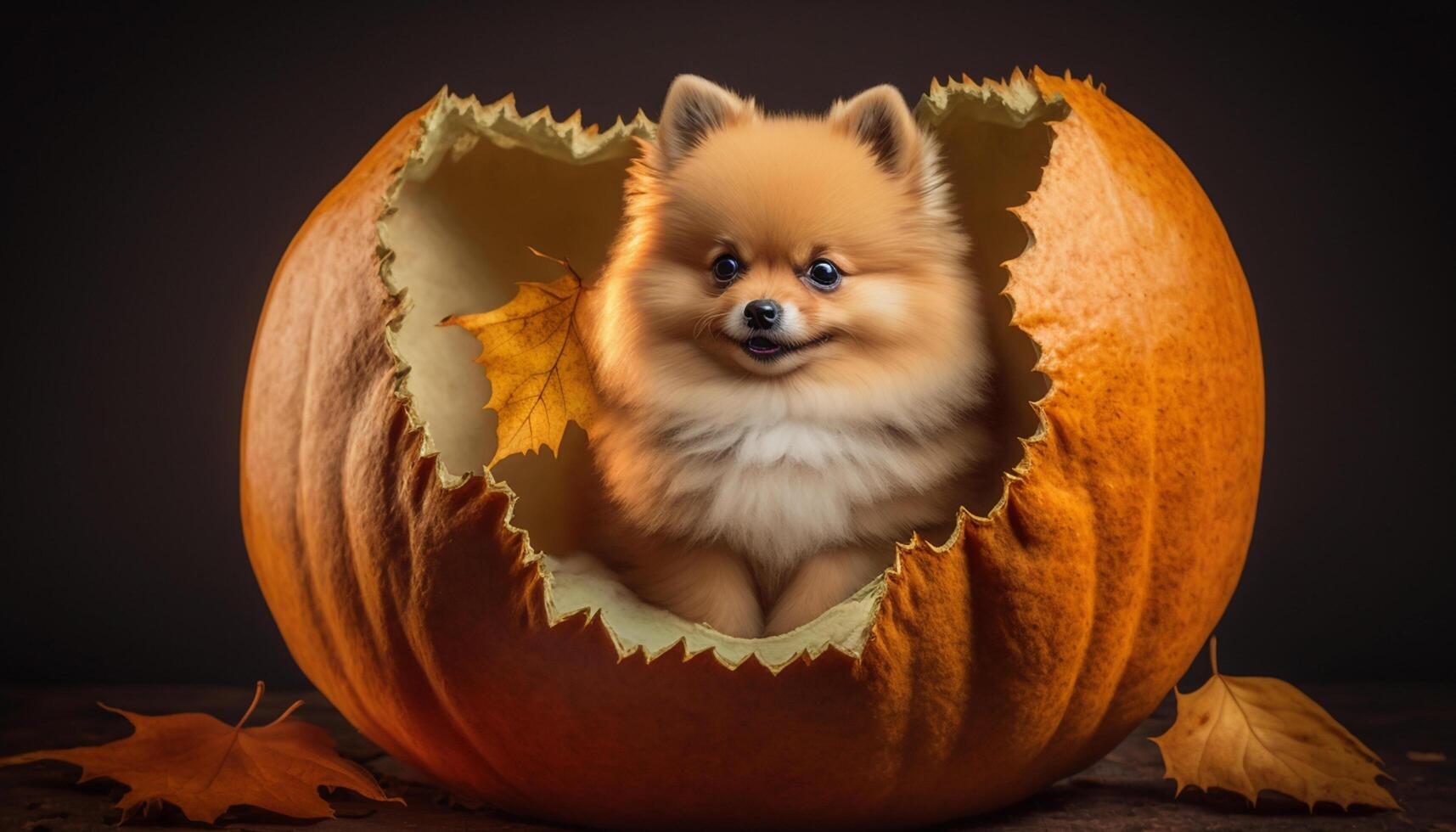 Pomeranian Pup Perched in a Picked, Pockmarked Pumpkin photo
