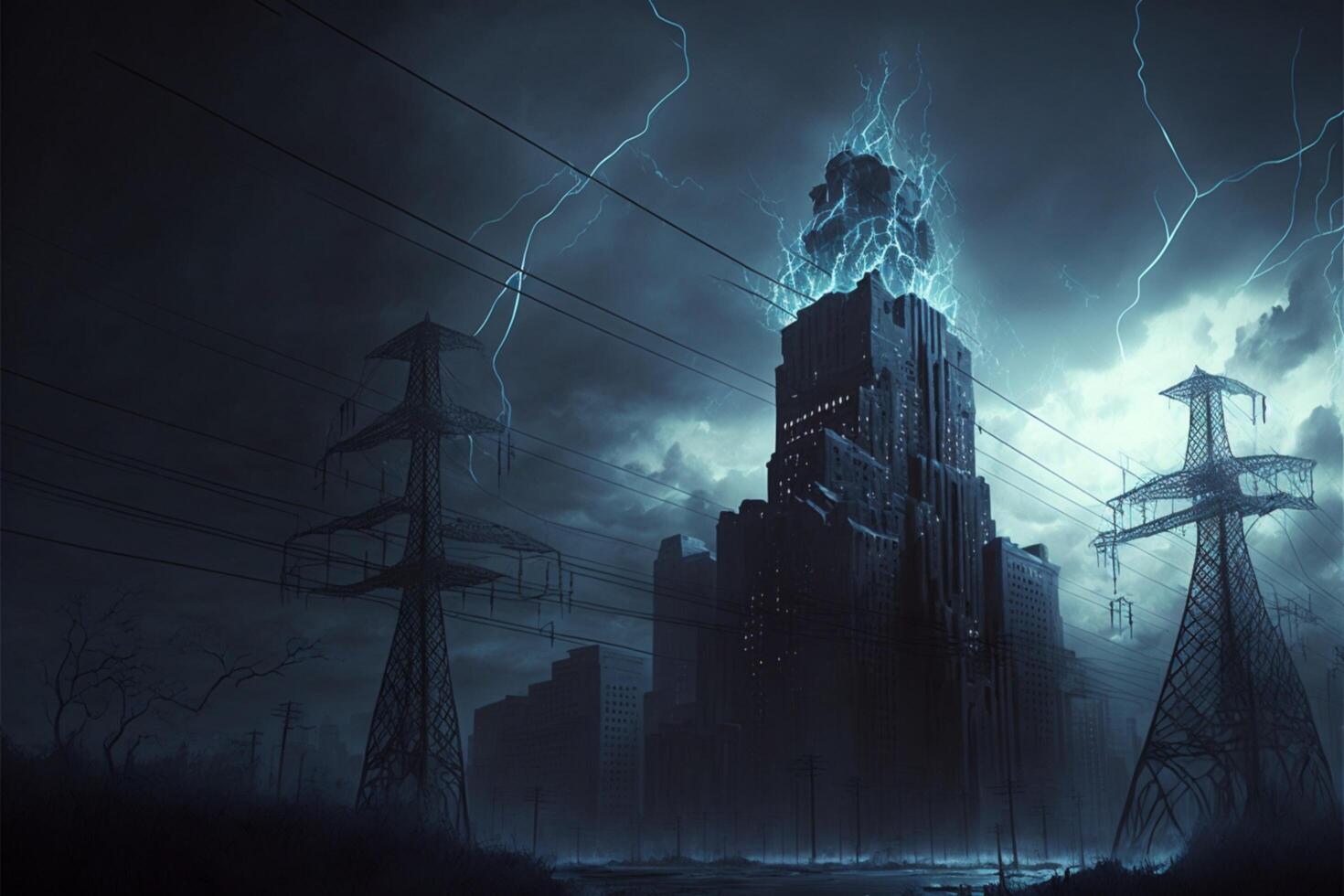 Apocalyptic Cityscape Skyline of a Metropolis with Lightning Strikes on Overhead Power Lines, Energy Blackout photo