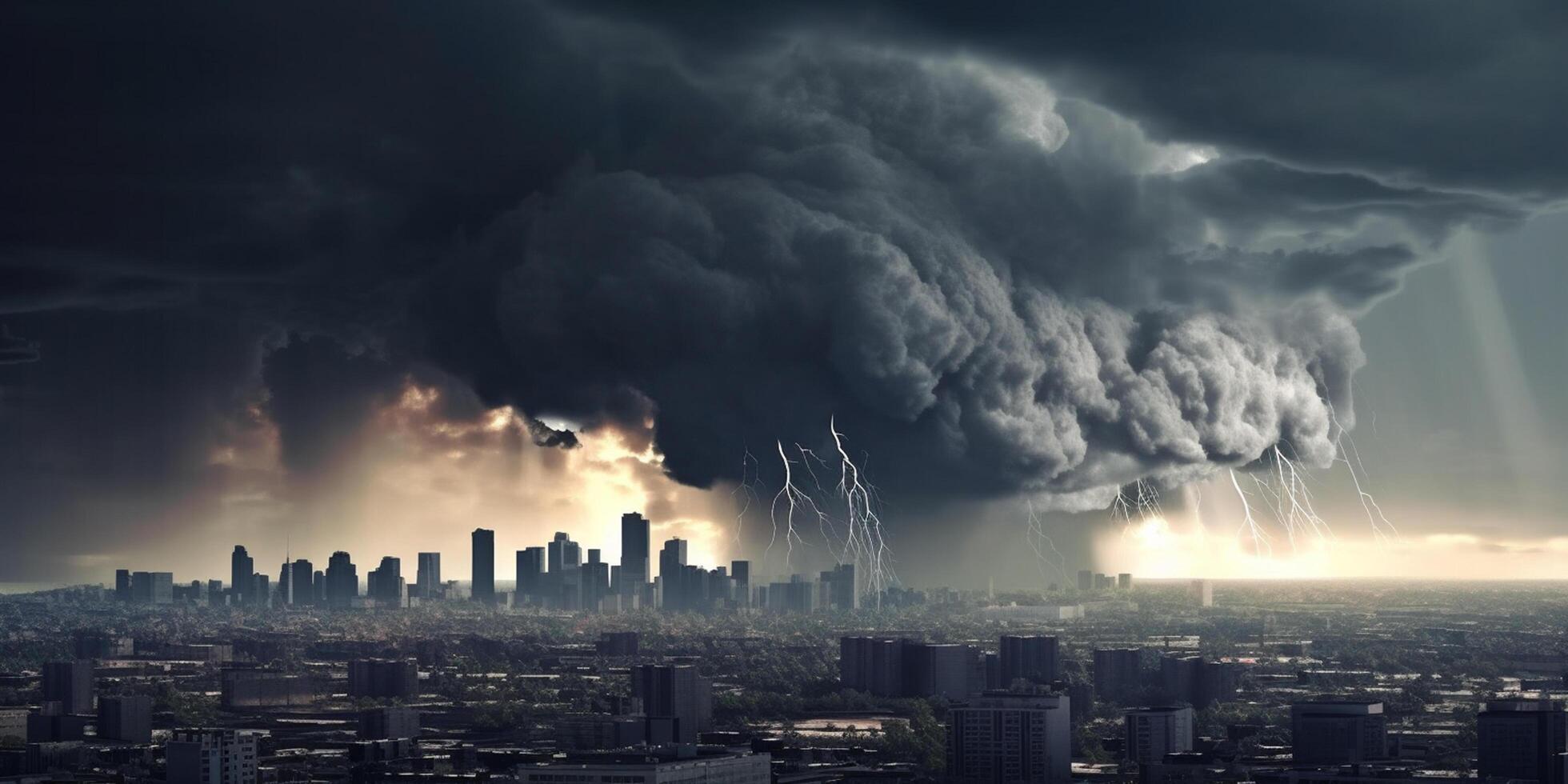 Financial Storm City Skyline during Bank Run with Thunder and Lightning photo