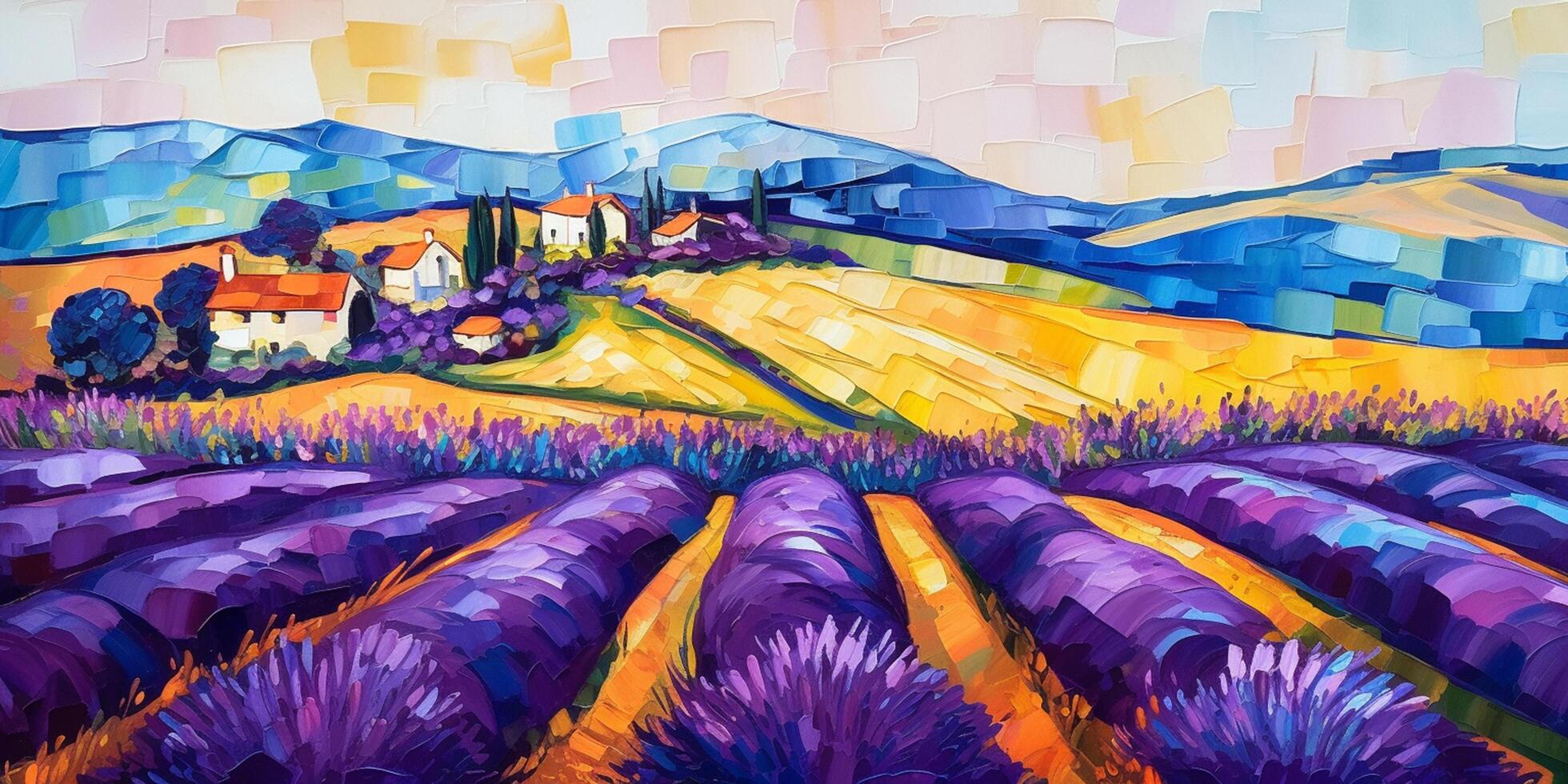 cosecha el belleza de lavanda campos un texturizado petróleo pintura en negrita colores ai generado foto