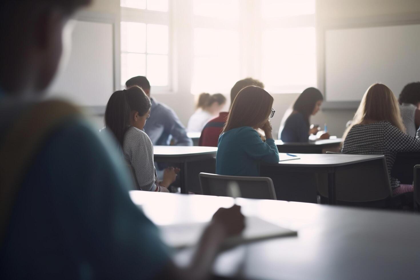 enfocado mentes alto colegio estudiantes aprendizaje en un brillante salón de clases ai generado foto