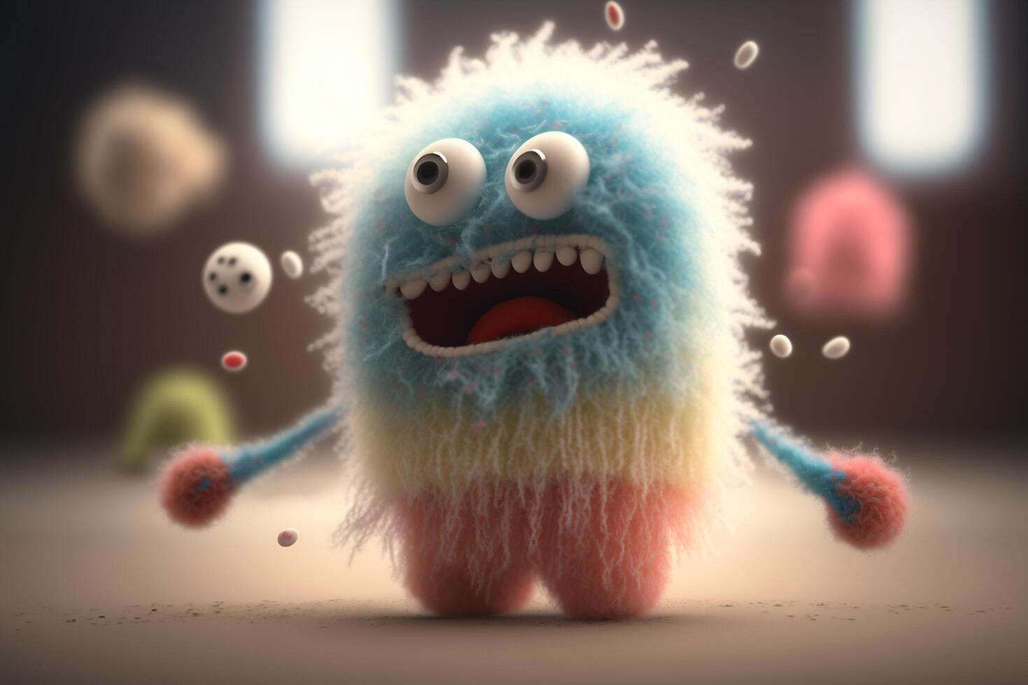 borroso azul monstruo con juguetón dibujos animados ojos y grande sonrisa ai generado foto