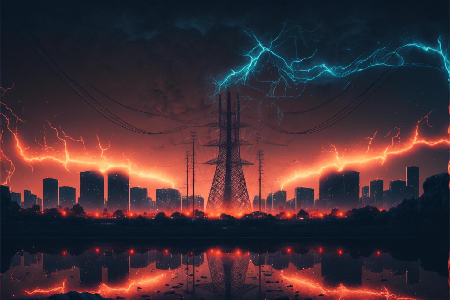 Apocalyptic Cityscape Skyline of a Metropolis with Lightning Strikes on Overhead Power Lines, Energy Blackout photo