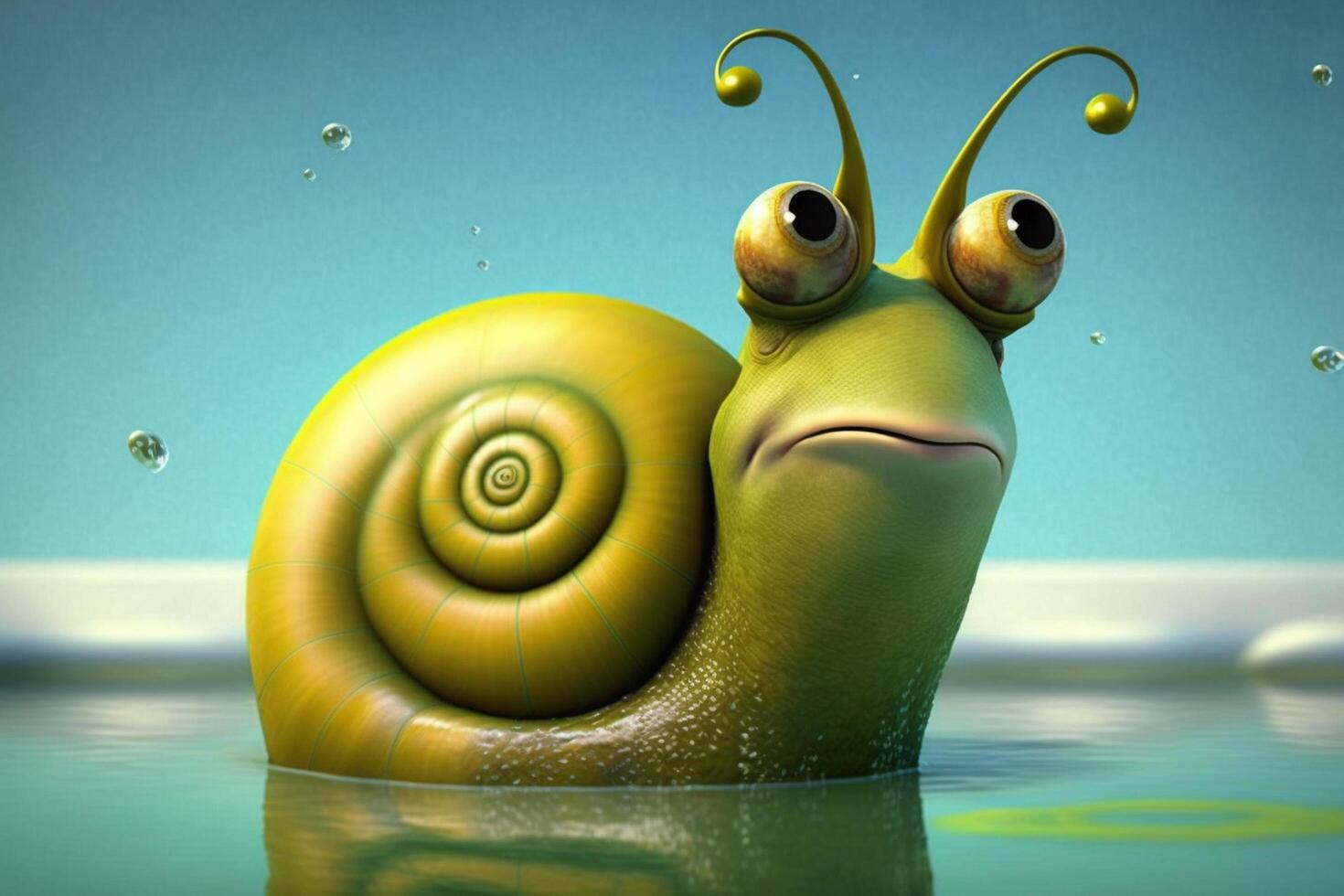 A snail swims in a pond with a blue sky photo