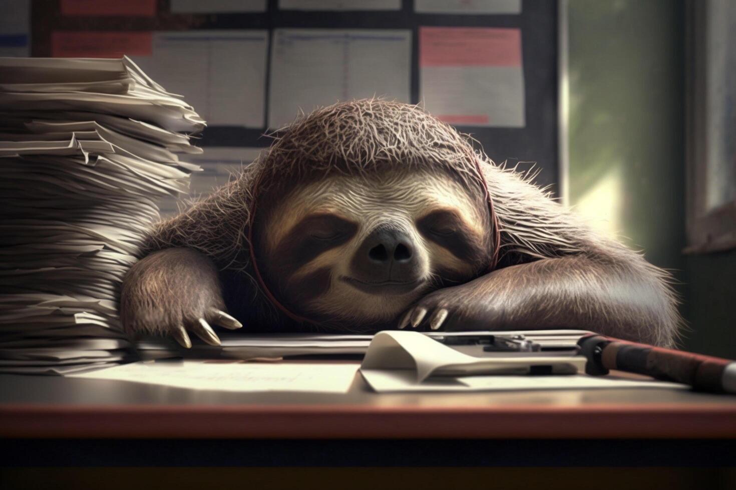 very tired sloth sleeps on the files in the office photo